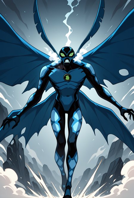 <lora:bigchill-07:1> bigchill, solo, 1boy, green eyes, blue skin, no humans, green sclera, teeth, no pupils,, blue wings, dynamic pose, steam breath, ice breath,  freezing breath,, masterpiece, best quality, amazing quality, very aesthetic, absurdres, newest,