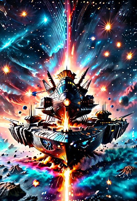 high quality, 8K Ultra HD, highly realistic, The great and sleek black ship is moving forward, blasting through space. It has powerful cannons facing forward that are unleashing powerful blue neutron beams upon an unseen foe. Embark on an enchanting 8K photorealistic journey as a magnificent starship blasts through a star system.  The ship gracefully flies among other ships. The starship's design boasts advanced technological elements. The camera captures every minute detail, by VelvetS, octane render,from slightly to the side.  perfectly symmetrical ship.  Weapons fire blue energy beams, 
<lora:DonM3t3rn1tyXL-v1.1:0.7>, DonM3t3rn1tyXL,
OverallDetailXL  <lora:MJ52:0.3>  <lora:SDXLFaeTastic2400:0.4>