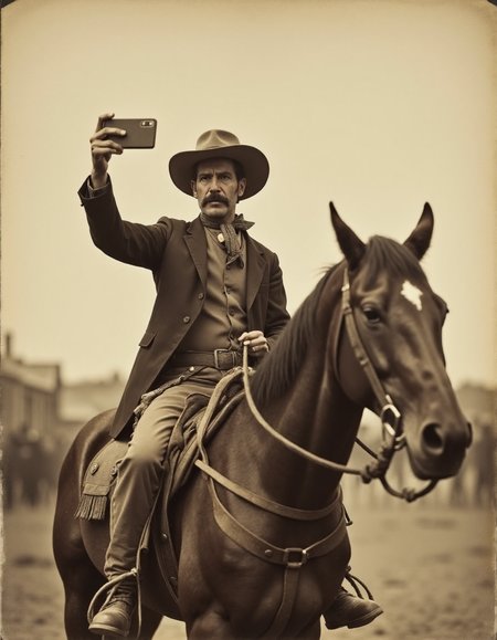 Photo of a cowboy from the Wild West holding a selfie stick while riding a horse., (VCTRN:1.2), analogstyle,  faded photograph <lora:e377b7657231499e9165dad83cdeb312_pytorch_lora_weights:1>  <lora:amateurphoto-6version:0.4> <lora:35mm_joycap:0.4>