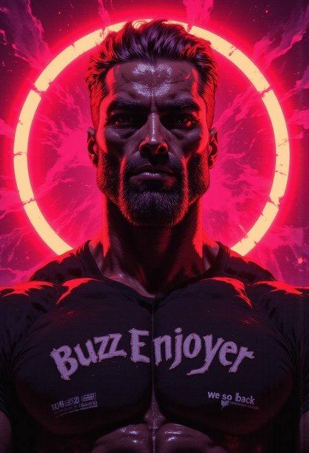 The image is an illustration featuring a bodybuilder dude with a pale skin tone and beard. He has a medium short-length, wavy brown hairstyle , styled. He is wearing a black t-shirt that accentuates his don't-care attitude with the text "Buzz Enjoyer" and "we are so back" in white. the lighting is dramatic and striking as he is backlit by magenta and yellow gradient, a glowing red outline around his visage indicate his power.CAICO