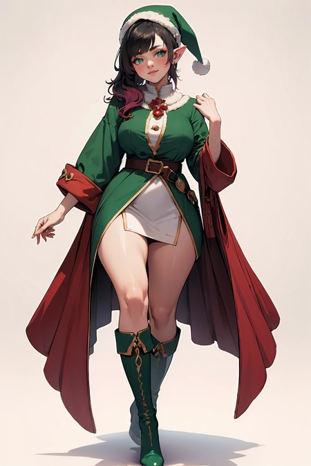 (masterpiece, best quality, highres, high resolution:1.2), extremely detailed, intricate details, 1girl, solo, looking at viewer, clamEmma, <lora:clamEmma:0.6>, (simple background, white background:1.2), full body, santa's elf, green outfit, stocking cap, high heel boots, smile, side-swept bangs, black hair, pink IncursioDipDyedHair, messy mid ponytail, green eyes, thick eyebrows, freckles, <lora:DipDyedHair:0.8>, <lora:weight_slider_v2:0.25>, (cinematic lighting, bloom, volumetric)