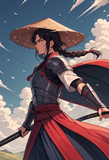 score_9, score_8_up, score_7_up, strawhat, conical hat, 1boy, a heavily armored samurai with shoulder armor and a straw hat, holding a giant katana sword in both hands, ready to fight, asian, long hair, low braid, roninwarriors,  samurai facemask, (monolid:1.3),