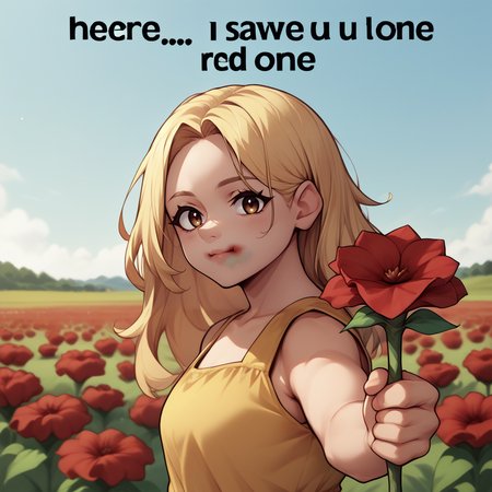 source_anime, score_9, score_8_up,  <lora:NSRedOneMeme:1> NSRedOneMeme, upper body, holding, english text, from side, looking at the viewer, 1girl, yellow sundress, sunny, flower field, outdoors, holding red flowers