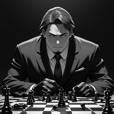 masterpiece, best quality, amazing quality, absurdres, newest, detailed background, definition so sharp, Ultra-HD, 8K cinematic, very awa, impressionate, amazing quality, highres, 
solo, male focus, manly, shadow, shiny skin,
shimonmakusu, shimon_brunette, shimon_orange eyes, 1boy, short hair, stubble, goatee, mature male, cold_expression, intense_gaze, mastermind, strategist, chess_board, gloves, suit, shadowed_face, calculating, observant, monochrome, sharp_focus, confident_pose, dark_academia