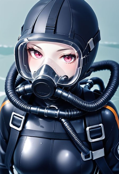 score_9, score_8_up, score_7_up, BREAK,
 white skin, 1girl, double hose, mask, scuba gear, black wetsuit, black hair, choker, close up, face portrait