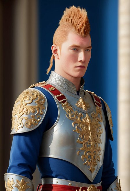 pen and ink, illustration, vibrant, beautiful, painterly, detailed, textural, artistic, concept art, masterpiece, <lora:add-detail-xl:1>, great lighting, BREAK, detailed face, watercolour painting of a palace guard, 25 year old, ginger hair, white skin, halberd, in elaborate shining ornate ceremonial armor, silver and gold, red and blue, coat of arms depicting a silver tower on azure field, medieval, fantasy, blue and white, in front of palace door