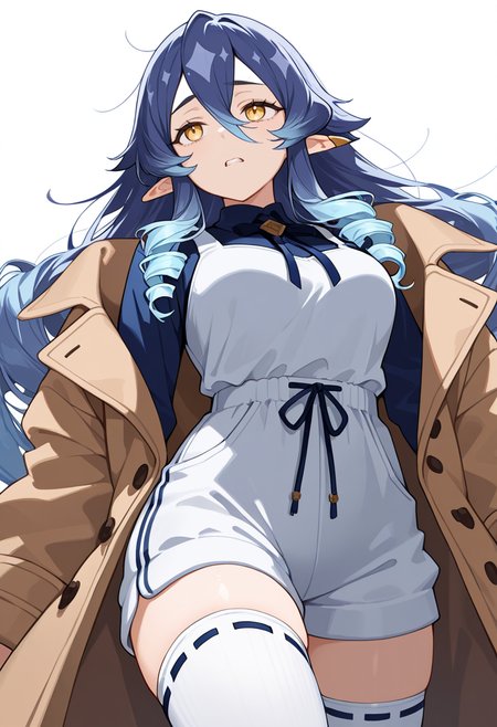 masterpiece,high quality details, absurdres,
 <lora:Layla:0.8>
layla_cnr, 1girl, blue hair,very long hair,drill locks, pointy ears, yellow eyes, hair between eyes, sidelocks,medium breasts,, simple background, white background, dynamic angle,solo,, depressed,clenched teeth,, duffle coat  ,pinafore top  ,sweatpants,  ,ribbon-trimmed thighhighs,