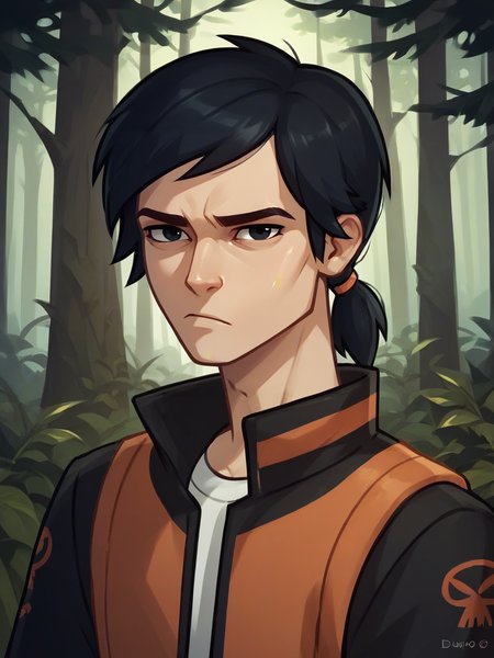 score_9, score_8, Jake_ <lora:Jake_Disventure_Camp:.7> portrait of jake_dvc man, black hair, ponytail, jacket, dark forest background, sad, pouting, looking at viewer, black eyes, nighttime,, score_9, score_8_up, score_7_up, <lora:Smooth Anime 2 Style SDXL_LoRA_Pony Diffusion V6 XL:.3>   <lora:add-detail-xl:.8>  zPDXL3,