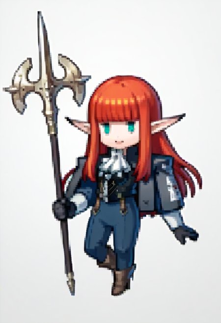score_9, score_8_up, score_7_up, source_anime, 1girl, smile, <lora:Feh-Sprites-pdxl_Fp:1> simple background, chibi, full body, holding polearm, <lora:HulkenbergMRv2-pdxl:1> hbrgMR, red hair, long hair, blunt bangs, sidelocks, aqua eyes, pointy ears, white ascot, breastplate, capelet, long sleeves, black bodysuit, black gloves, brown footwear, high heel boots