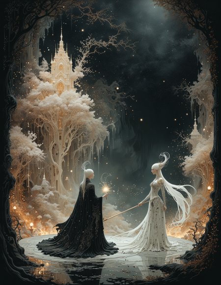 (by Kay Nielsen:1.5), (Within the shimmering confines of a Magical arena, Wizards duel, their spells colliding in a spectacle of light and power, as arcane energies crackle in the air.:0.5) ([Mythopunk|Forestpunk]:1.3)