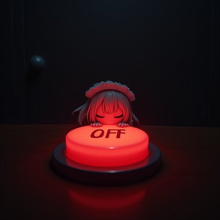 extreme close up of big red button with chibi maid peeking over the edge of the table, dark office, red glow, button says "OFF"