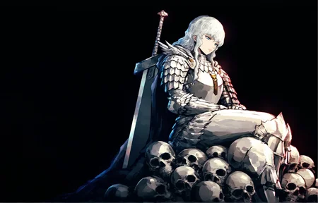 2boys, artist:k-suwabe,  masterpiece, best quality, dark background
BREAK
from behind, upper body, 1boy, guts \(berserk\), muscular, scars, sword on back, dragonslayer \(sword\) on back, 
BREAK
full body, 1boy, griffith \(berserk\),  armor, emotionless, looking down, sitting on pile of skulls
