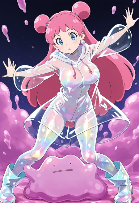 masterpiece, best quality, 1girl, solo, eyelashes, (beautiful eyes), dynamic pose, anime screencap, large breasts,   zzDitto, 1girl, solo, long bubblegum pink hair, jelly-like twin buns, transparent raincoat, glossy bodysuit, iridescent tights, goo-shaped earrings, pastel platform boots, standing inside a chrome room filled with warped mirrors.  ,<lora:DittoPokedex_IXL_v1:1.0>,