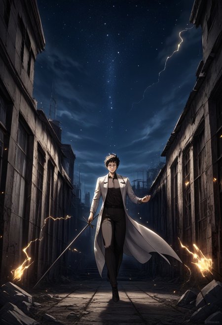 KimDokja, brown eyes, black hair, short hair, Kim clothes, smiling, holding a book in one hand and a sword in the other, sparks of electricity jumping in the background, detailed eyes, full body shot, night, starry sky, beautiful sky, detailed background, abandoned city, ruins, ((detailed face)), 
He wields a glowing, celestial sword,