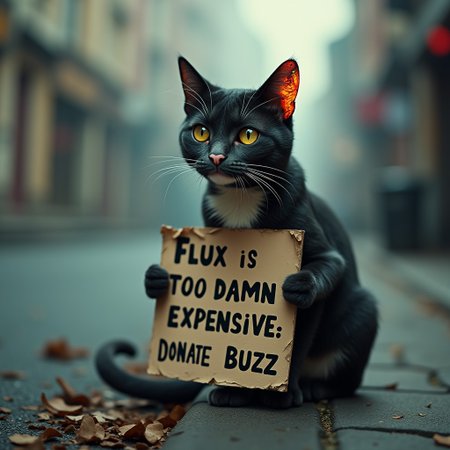 A melancholic, yet captivating scene of a lone cat sitting on a street corner, holding intently a sign that reads "Flux is Too damn Expensive: Donate Some Buzz." The feline is adorned with a vibrant, abstract tattoo on its right ear, showcasing a unique artistic flair. Its eyes are deep-set and filled with a hint of sadness, as if reflecting the complexities of human society and the struggles that come with it. To enhance the mood, the background is shrouded in a soft, hazy atmosphere with muted colors reminiscent of old film reels. The cat's fur is meticulously detailed, with every whisker and individual hair visible, while its ears are delicately styled, adding to its overall charm. In the foreground, the street corner is lined with a collection of trashed-up, vintage signs, juxtaposing the pristine and intricate detailing of the cat. To add further depth to the scene, a faint glow emanates from the cat's eyes, suggesting a mystical connection to the universal energy of the universe. This image evokes a powerful sense of emotional resonance, inviting the viewer to reflect upon the complexities of life, the challenges we face, and the need for understanding and compassion. The ultimate goal of this image is to transport the viewer to a place of reflection, empathy, and unity.
