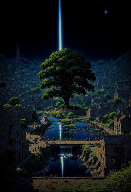 AnimeSky style, anime style, high lighting, Minimalist style city, with an octagon shape and canals that connect in the center of the city, the central focus is a large tree with luminescent leaves and is surrounded by water, which connects to the canals and connects with eight bridges between the canals to the city, it will have some large squares and houses, the sky would be at night where you can see a large galaxy accompanied by some planets.
high quality, best quality, masterpiece, high definition, high resolution