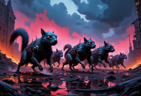 Under the flickering, dramatic lights of a war-torn sky, a horde of cybernetic squirrels emerges from the shadows, marching with terrifying precision. Their bodies glisten with sleek, metallic implants, while their eyes glow a sinister red, cutting through the darkness. In the distance, the last stronghold of humanity stands on the verge of collapse, surrounded by the chaotic remnants of a dystopian city. The scene is filled with dark fantasy and horror elements, as the once playful creatures have become twisted machines of war. The cyberpunk and sci-fi aesthetic creates an intense and colorful backdrop, making the final battle a tragic and electrifying showdown. Inspired by Zdzisław Beksiński, John Berkey, and Mamoru Oshii,dark fantasy,cyberpunk,scifi,ominous,scary art,disturbing,detailed, colorful,vibrant neon colors,mysterious glow,gloss, horror \(theme\),rain,creepy,dread,terror,primal fear,deep contrasting shadows, eerie and foreboding atmosphere, tension and fear building with every step. dramatic lighting,best quality,masterpiece,detailed,professional,centered,