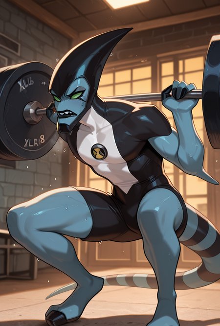 <lora:xlr8-08:1> xlr8, solo, green eyes, blue skin, black lips, stripped tail, 1boy, black mouth strip,, detailed background,  <lora:Barbell_Squat:1> barbell squat, sweat,, masterpiece, best quality, amazing quality, very aesthetic, absurdres, newest,