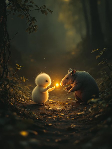 An enigmatic composition bathed in soft, diffused light, blending whispers of surrealism and melancholia. The scene unfolds in a cinematic atmosphere where subtle textures and delicate grains add depth, while the interplay of light and shadow enhances the quiet intensity of the moment. A subdued color palette merges with ethereal haze, evoking a dreamlike quality and timeless stillness. The central subject –On a quiet forest path bathed in golden light, a small glowing fluffy creature with radiant eyes holds a pulsating glowing fruit in its tiny paws, offering it to an armadillo. The armadillo hesitates, leaning slightly back, its claws raised as if unsure whether to accept. The scene is tranquil, with warm light accentuating their gentle interaction.– is delicately framed, their presence balanced between mystery and intimacy. Surrounding elements, rich in symbolic undertones, anchor the narrative in an otherworldly context. Organic details like softly swaying flora or faintly glowing surfaces contrast with stark, haunting figures, creating a juxtaposition that is both poignant and surreal. The composition invites introspection, with negative space amplifying the mood's resonance. Every detail, from the atmospheric depth to the muted highlights, serves to craft an image that feels suspended in an emotional, poetic realm, steeped in quiet nostalgia.
surreal style