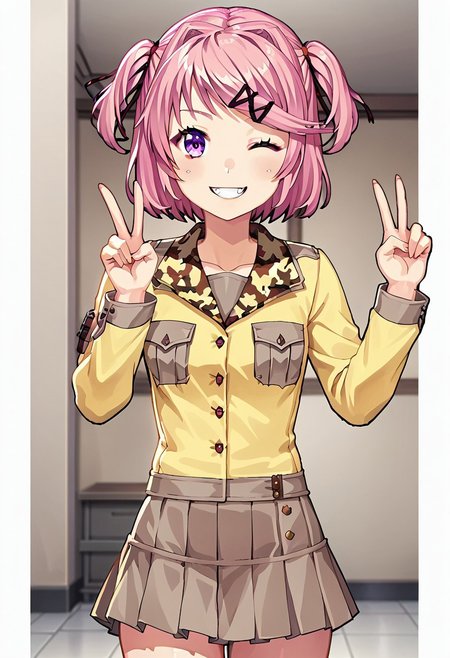 score_9, score_8_up, score_7_up, anime screencap,  anime screencap,  anime coloring,   uncensored, natsuki, fang, hair ornament, pink hair, purple eyes, short hair, short sidetail, swept bangs, x hair ornament,, 1girl, solo, skirt, smile, looking at viewer, bangs, uniform, long sleeves, pleated skirt, thick thighs, v_sign, wink