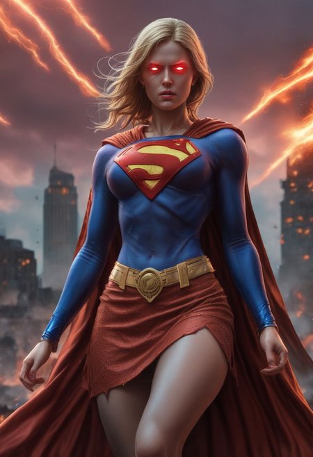 High resolution ultra-realistic of Beautiful Supergirl fighting against alien invasion, cinematic style, standing on a bloody and stormy battlefield in a fighting pose, bloody massacre, fire, realistic combat costume, red mini skirt, perfect athletic figure, wavy blonde hair, handsome dirty bloody face, beautiful perfect detailed pupils, wet oily shiny skin, beautiful firm Breasts, defiant and seductive, sexy 20 year old girl, 8k resolution concept art portrait by Greg Rutkowski, Dark Gotham City, Artgerm, WLOP, Alphonse Mucha, dynamic lighting, hyperdetailed, intricately detailed, Splash art trending on Artstation triadic colors, Unreal Engine, 5 volumetric lighting, Cinematic Lighting, intricate, smooth, sharp focus digital painting, Asymmetrical Balance, painting, dynamic lighting