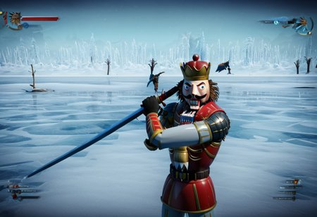 (nutcracker) holding a sword, 
high guard sword parry stance,
at a frozen lake,
game screenshot,
looking at the camera,
sfw