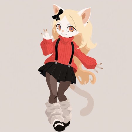 an anthropomorphic catgirl with long middle parted blonde hair and creamy white fur and ears wearing a red knitted sweater and a black skirt with suspenders and sheer black tights with baggy white legwarmers and Mary Jane shoes and a black ribbon in her hair