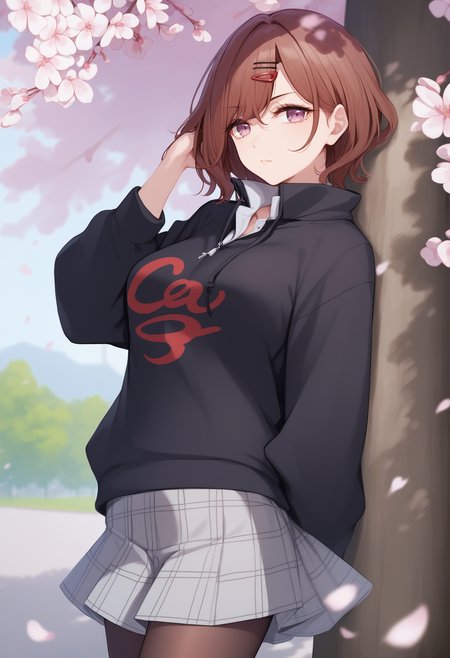 score_9, score_8_up, score_7_up, score_6_up,
1girl, <lora:brj-madoka-pony-v0.5:1>, higuchi madoka, purple eyes, short hair, brown hair, hairpin, medium breasts,
scowl,
(black hoodie, Flowing hoodie,oversized clothes), collared shirt, (plaid skirt, grey skirt), pantyhose, ,
outdoors, park, cherry blossoms, day,
upper body,
hand in own hair,
masterpiece, best quality,