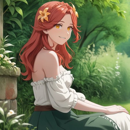 Absurdres, high quality, 4k, source_anime, lucrezia_um, red hair, amber eyes, flower in hair, white dress, green skirt, portrait, sitting, outside, from side, looking at viewer, charming smile, slight wave, gentle breeze, soft aroma
