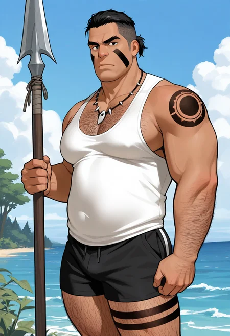 1boy, day, standing, (cowboy shot:1.5), looking at viewer, serious, holding polearm, planted polearm, closed mouth,
BREAK
<lora:Budan_from_Low_Tribe_by_Gai_Mizuki_v0.1:1> large pectorals, thick arms, plump, thick thighs,
budanlowtribe, mature male, thick eyebrows, under cut, black eyes, black hair, short hair, ponytail, dark skin,
white shirt, sleeveless, black shorts, facepaint, chest hair, leg hair, leg tattoo, shoulder tattoo, teeth necklace,
BREAK
blue sky, horizon, ocean, outdoors, cloudy sky, forest, tree, 
BREAK
best quality, masterpiece, very aesthetic, absurdres, highest detailed,