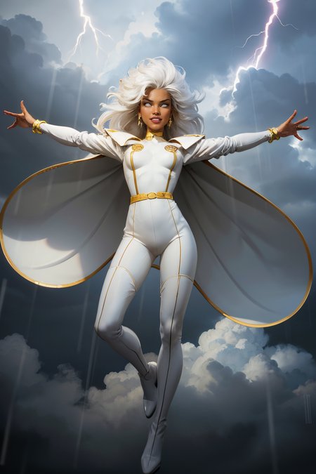 Storm, white hair, dark skin, white eyes, jewellery, white jumpsuit, cape, gold trim, boots, looking at viewer, serious, grin, full body shot, 
from_below, flying, floating, in air, arms out, cloudy, rain, lighting strikes, dynamic lighting, dark, extreme detail, masterpiece, <lora:CARTOON_X_MEN90s_Storm-15:.8>