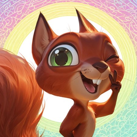 masterpiece, absurdres, amazing quality, photorealistic, ultra-detailed, solo, male focus, from side, chibi, furry male, 1boy, chip_superpet, red fur, green eyes, one eye closed, crooked whiskers, chipped tooth, buck teeth, open mouth, happy, smile, tongue, fluffy tail, slim, body fur, brown hands, cute, upper body, portrait, close-up, turning head, looking at viewer, hand up, v over eye, 
BREAK 
psychedelic background, patterned background, pastel colors, g0thic, neon, shadow, detailed shading, glowing, backlighting, WaiIL25PosC