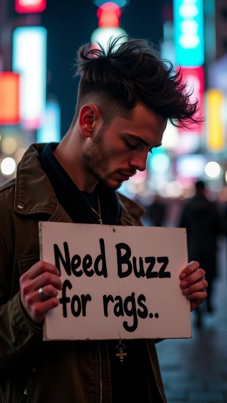 A cool-looking guy in a trendy outfit is seen in profile, his gaze slightly downward. He is holding a sign that reads "Need Buzz for Rags" in his hand. The dramatic lighting of the slushy metropolis creates a striking contrast. The shallow depth of field focuses on the sign, adding to the overall effect.