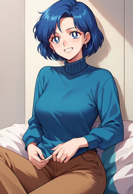 (masterpiece), best quality, a 30-year-old woman with (blue bob hair) and blue eyes, she wears a (cyan blue sweater) (long sleeves) and (brown pants), light grin, mature female, motherly, score_9, score_8_up, score_7_up, source_anime, score_9, score_8_up, score_7_up, sm90s