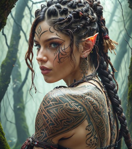 RAW photo, (masterpiece:1.3), subsurface scattering, heavy shadow, (high quality:1.4), (intricate, high detail:1.2), professional photography, HDR, High Dynamic Range, realistic, ultra realistic, photorealistic, high resolution, film photography, ambient lighting, atmospheric effects, <lora:detail_slider_v4:2>, OverallDetail, a female wildelf ranger, wild hair, tribal tattoos, in the forest, dynamic pose, <lora:Wildelf:1>, epiCPhoto