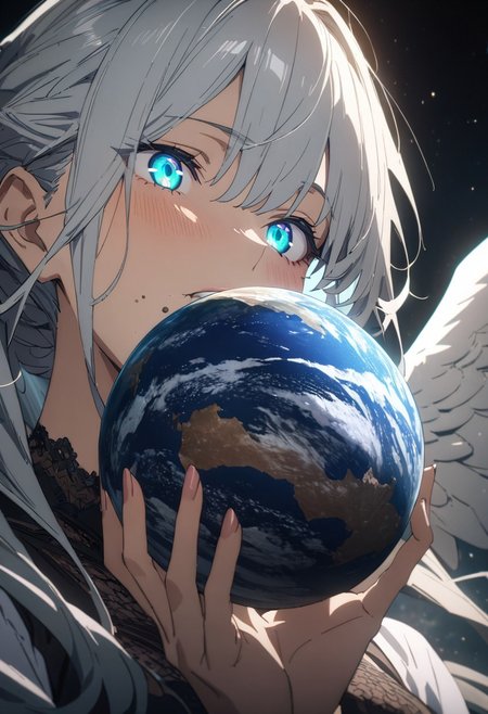 gorgeous lips, cinematic, (masterpiece), (best quality), (ultra-detailed), very aesthetic, perfect composition, intricate details, absurdres, detailed face, (anime, masterpiece, intricate:1.3), (best quality, hires textures, high detail:1.2), 
1girl, solo, space, small planets, floating object, white wings, black ribbon, gradient eyes, beautiful detailed eyes, gradient background, holding planet, eating planet, (masterpiece:1.4), (best quality:1.4), (ultra-detailed:1.2), gl0w, glow