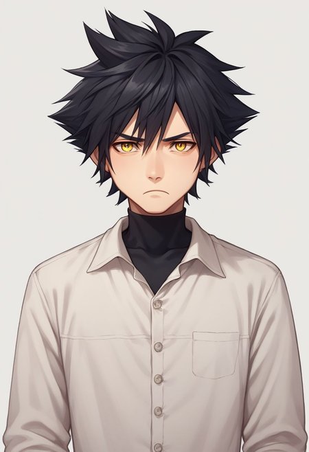 score_9, score_8_up, source_anime, highly detailed, 1boy, solo, male_focus,
vanitas, solo, 1boy, male focus, spiked hair, black hair, yellow eyes, shirt, pants, shoes, bored, frown, upper body,