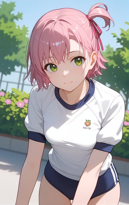 (score_9, score_8_up, score_7_up), standing, leaning forward, looking at viewer, light smile, closed mouth, shiny skin, tight clothes,
ohwx, 1girl, solo, green_eyes, small_breasts, ribbon, hair_ribbon, short_hair, one_side_up, pink_hair, pink_ribbon, side_ponytail,
gym_uniform, white_shirt,
flower garden,
cowboy shot, dutch angle, close-up,
 <lora:uruchi_minaya_pony_ss:1>