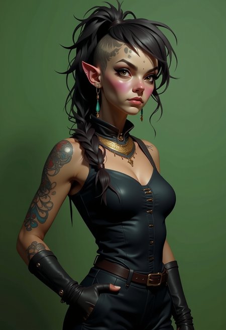 Headshots,masterpiece, a beautiful woman,Hyperrealistic, she is smiling, dynamic angles, multiple angles, photoshoot poses; A photo of A-laria, a woman with a dark mohawk, she has massive breasts, a beautiful girl,she is wearing a black dress.she has massive breasts, she has piercing eyes. a dynamic pose and a sense of action. simple green background, and the lighting is soft, creating a dramatic effect, creating a focused and dynamic pose.; the scene is set in a beautiful well-lit environment, with a sense of action and adventure. Style: realistic hyper-detailed rendering, 32k UHD, expressive eyes, punk, graphic design, girl's face, pretty and cute, gleaming lips, telling a tale of adventure. Exuding confidence and serenity. The overall mood of the image is happy and relaxed, detailed skin texture,(blush:0.2),(goosebumps:0.3), subsurface scattering,with a playful and whimsical tone, perfect hand, hand, detailed hand,niji style,retro50s_style,