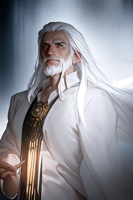 photorealistic photo of a handsome male wizard, short beard, white wizard shirt with golden trim, white robe moving in the wind, long white hair, fully clothed, perfect face, handsome, (perfect composition:1.4), deviantart hd, artstation hd, concept art, detailed face and body, award-winning photography, margins, detailed face, professional oil painting by Ed Blinkey, Atey Ghailan, Jeremy Mann, Greg Manchess, Alex Gray, trending on ArtStation, trending on CGSociety, intricate, high detail, sharp focus, dramatic, award winning matte drawing cinematic lighting octane render unreal engine volumetrics, <lora:150_LeraPi_head-128res-5b5i-Cap:0.8>