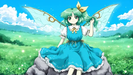 masterpiece, best quality, very aesthetic, absurdres, very awa, (zun \(style\):0.7), <lora:EoSD:0.8> EoSD, <lora:GLSHS-IL:0.5> GLSHS, (solo:1.2), 1girl, daiyousei, soft cheerful expression, gentle smile, flowing vibrant green hair, bright emerald-green eyes, translucent fairy wings catching the sunlight, sitting on a rock near a shimmering lake, lush colorful flower field surrounding her, gentle wind slightly lifting her hair and dress, warm sunlight filtering through the leaves, soft glowing fireflies floating around, blue sky with fluffy white clouds, calm and peaceful atmosphere, delicate frills and ribbons on her dress, soft warm lighting with subtle highlights, ethereal and dreamy aesthetic, detailed background, intricate shading, atmospheric depth.