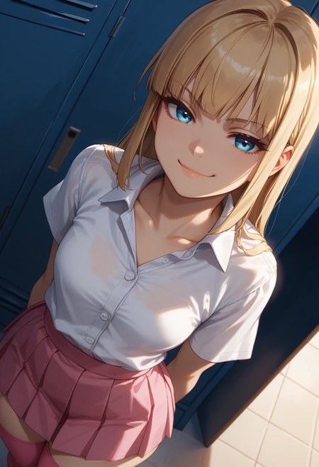 (score_9, score_8_up, score_7_up), 1girl, solo,blonde hair, blue eyes, long hair, hime cut, long bangs, small breasts, buttoned shirt, white buttons, white shirt, pink skirt, pleated skirt, pink thighhighs, short sleeves, collarbone,
(face focus, from above, close-up:1.3),  standing, locker room, night time, dim lighting, dynamic lighting, thighs, wide hips,
(leaning back, arched back, dutch angle:1.2), 
(smug:1.2),