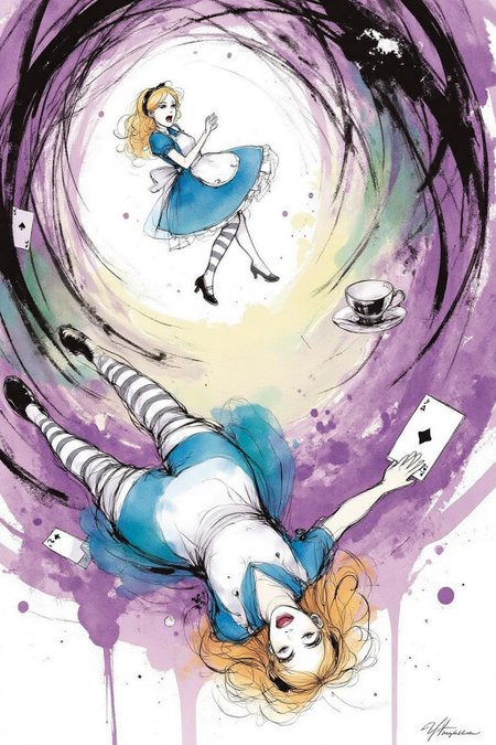 nijiwc1 watercolor ink wash brush style illustration. 
Overhead view of Alice in Wonderland falling into the rabbit hole, with her legs dangling beneath her. She is looking upward, her face filled with shock and terror as she screams. Her blue dress and white apron billow out around her as she tumbles, while her striped stockings and black shoes are visible below. The rabbit hole is a swirling, chaotic mix of vibrant colors, playing cards, teacups, and other Wonderland objects floating around her. Soft glowing light emanates from the tunnel walls, adding an eerie, fantastical feel to the scene. The sense of motion and fear is palpable as Alice falls deeper into the unknown. 
The background is stark white <lora:inkwash_niji_nocap_d6a3:1.0><lora:806955876243123765:0>