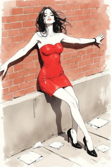 nijiwc1 watercolor ink wash brush style illustration. 
 A woman leaning against a brick wall, set in an urban environment. She has long black hair flowing loosely and wears a short, strapless red dress that clings to her figure, emphasizing a sense of motion and sensuality. Her pose is dramatic, with her arms stretched against the wall and her head tilted slightly back, exuding a sense of vulnerability and allure. She is wearing black high-heeled shoes, and the ground below features scattered papers and debris, adding a gritty urban atmosphere. The brick wall and stone base provide a textured backdrop with warm tones, contrasting with the bold red of her dress. <lora:inkwash_niji_nocap_d6a3:1.0><lora:806947007135511401:0>