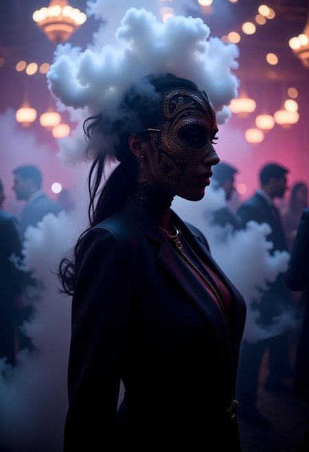 A mysterious woman, masked in AvantGardePunk style, attends a masquerade ball. Their outfit, a fusion of traditional and futuristic elements. Stylish business_suit for a woman. Her mask ia a work of art, features intricate patterns and accents, concealing her identity while drawing attention. The ballroom has a fog machine filling with room with a white smoke in the background, along with asevercostumed guests, sets the stage for a night of mystery and intrigue, where the avant-garde punk aesthetic adds a unique twist to the festivities.  <lora:flux_trainer/avantGardePunk_v1.safetensors:1.0>,   <lora:dvr-smoke-flux.safetensors:1.0>, dvr-smoke-flux,  ,