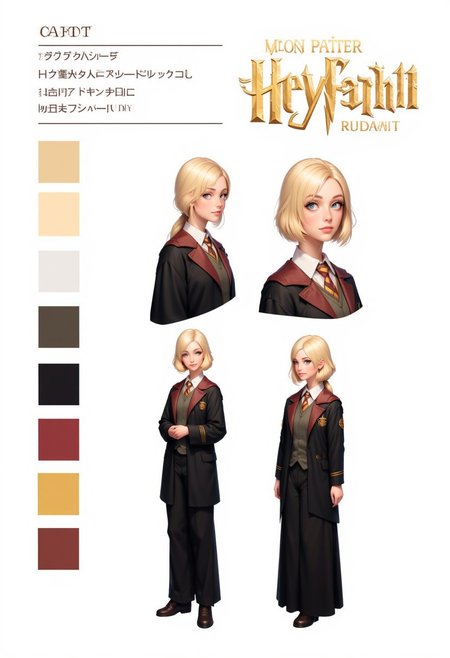 CharacterDesignFLUX,reference sheet,white background,simple background,multiple views, upper body, front, from side, color palette reference, high_detailed, captured in high detail, blond, girl, hogwarts, student, arrogant, holding hands, arrogant, diligent, serious, professionnal stance, humble stance, judgemental, hogwarts school uniform, school uniform, mean girl face, smile, woman, smiling, front side,