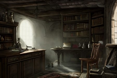medieval, interior, medieval interior, wooden interior, table, chair, big black cauldron, shelves, books, scrolls, window covered with thin see-through animal hides, (jars filled with mysterious ingredients for brewing potions with:0.4), herbs, a small pestle and mortar, 
HD, very detailed, ambient lighting,
<lora:more_details:1> <lora:Bloodborne:0.25> ,   <lora:FantasyInteriors:0.4> fanint <lora:FantasyStudy:0.4> fanstu