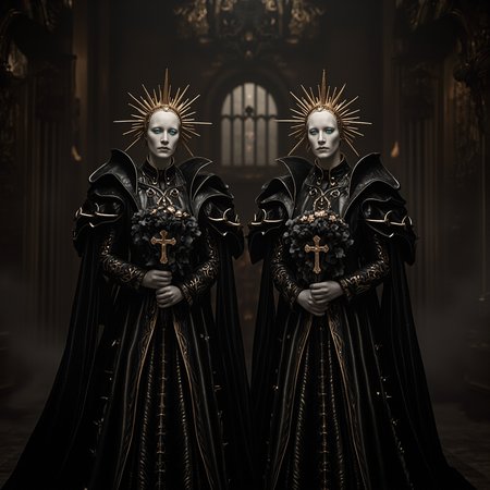 This is a beautiful artwork featuring two identical, pale-skinned figures dressed in elaborate, black, gothic-style robes adorned with gold details. They wear ornate, sunburst-like golden halos and hold dark bouquets with prominent gold crucifixes. Their faces are expressionless and white, with striking blue eyes. The background is a dimly lit, intricately detailed, gothic cathedral interior with a large, ornate window. The lighting is predominantly artificial, casting a somber, mystical ambiance. The composition uses symmetry and leading lines, with a shallow depth of field that keeps the background slightly blurred.