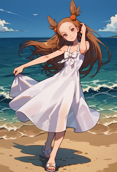 score_9, score_7_up, source_anime, BREAK light smile, ocean, blue sky, head tilt, floating hair, hand in own hair,   <lora:Jasmine:1> J4SM1N3, brown hair, long hair, pigtails, brown eyes, Orange hair ornament, white dress, sundress, white bow, sandals, white footwear, sleeveless, <lora:kuroboshi_kouhaku_PonyXL_style_v01.09:1>