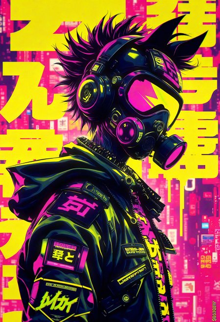 bo-cpposter,  futuristic portrait of a figure wearing a sleek gas mask and stylized helmet, exuding an edgy urban vibe. The character has wild, tousled hair and is dressed in a fitted black jacket adorned with neon accents, set against a vibrant backdrop. Utilize a color palette dominated by bright yellows, electric pinks, and deep blacks, creating a high-contrast, cyberpunk aesthetic. Incorporate graphic elements and abstract shapes that evoke a sense of movement and energy. The setting should suggest a bustling cityscape with neon signage subtly blurred in the background, creating depth. Aim for a hyperrealistic style that emphasizes sharp details, showcasing the character's intense expression and unique attire. , <lora:Flux\boFLUX Cyberpunk Poster.safetensors:1.4000000000000001:1.4000000000000001>